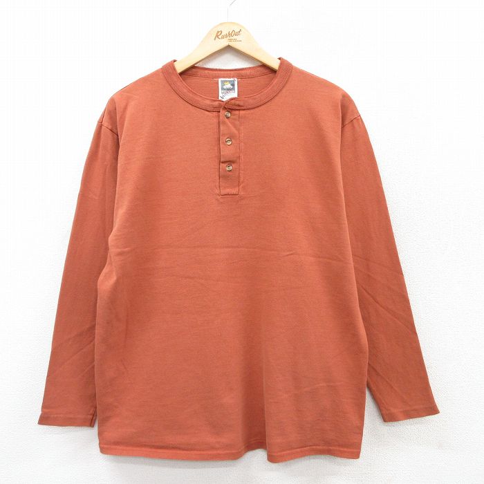 L★古着 長袖 ビンテージ Tシャツ メンズ 90年代 90s 無地 コットン ヘンリーネック USA製 オレンジ系 25jul12 中古