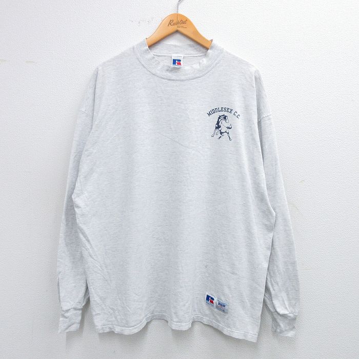 XL★古着 ラッセル 長袖 ビンテージ Tシャツ メンズ 90年代 90s MIDDLESEX 馬 大きいサイズ モックネック ハイネック USA製 薄グレー 霜降り 【spe】 25jul12 中古