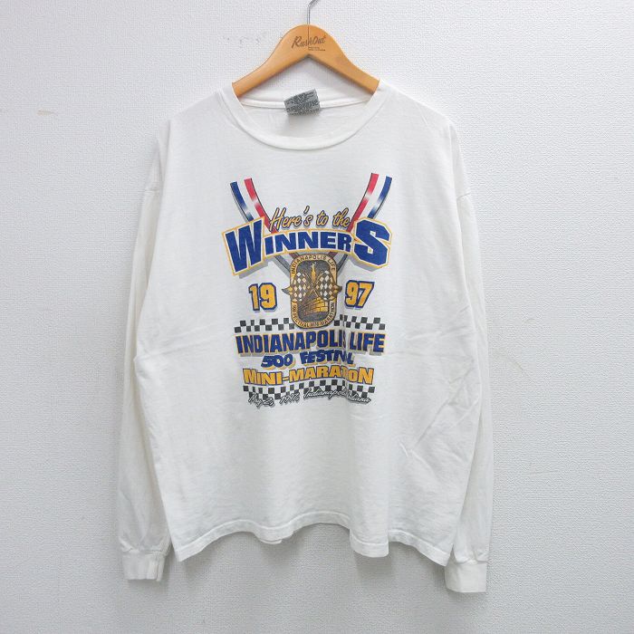 XL★古着 長袖 ビンテージ Tシャツ メンズ 90年代 90s マラソン INDIANAPOLIS 企業広告 大きいサイズ コットン クルーネック 白 ホワイト 25jul12 中古