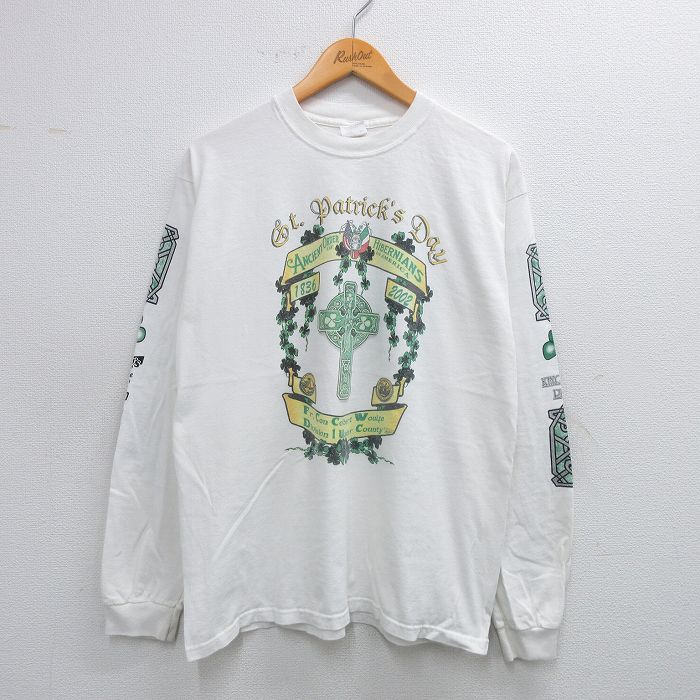 L★古着 長袖 ビンテージ Tシャツ メンズ 00年代 00s St.Patricks Day コットン クルーネック 白 ホワイト 25jul12 中古