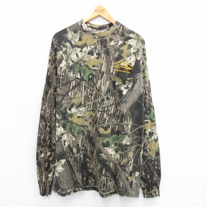 XL★古着 長袖 ビンテージ Tシャツ メンズ 00年代 00s BOWHUNTERS モッシーオーク 胸ポケット付き ロング丈 コットン クルーネック 茶他 ブラウン 迷彩 25jul12 中古