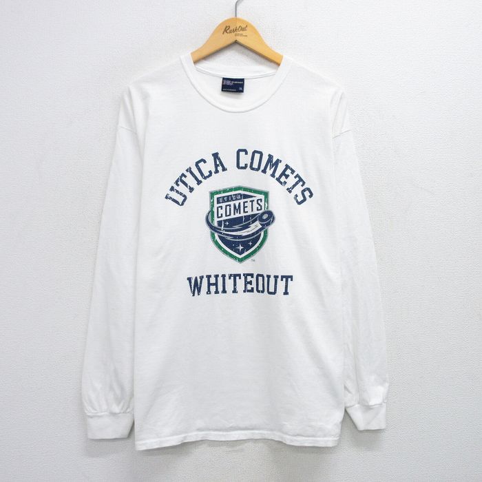 【50%OFF】XL★古着 MVスポーツ 長袖 Tシャツ メンズ UTICA COMETS 大きいサイズ コットン クルーネック 白 ホワイト 25jul14 中古
