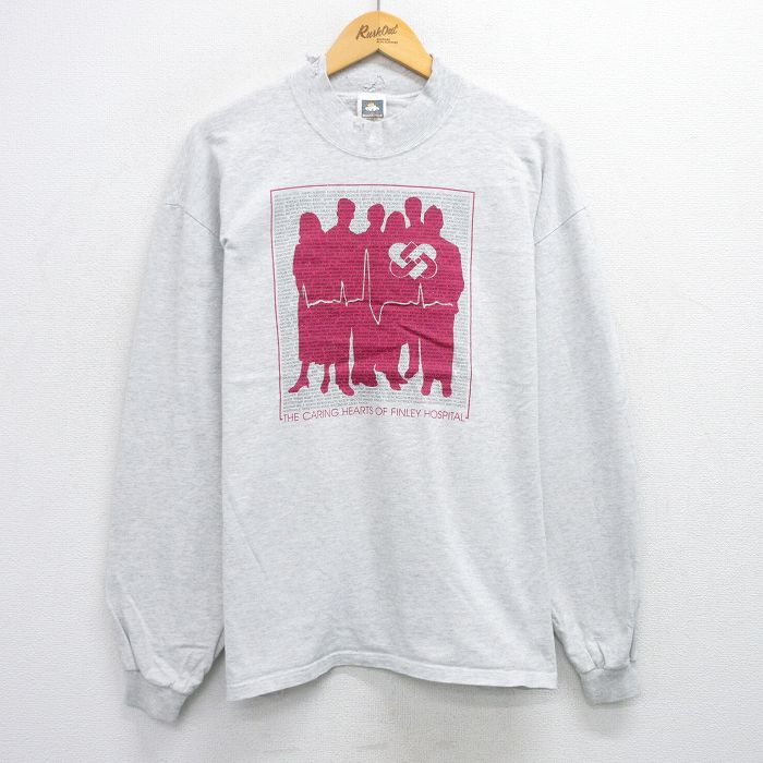 XL★古着 長袖 ビンテージ Tシャツ メンズ 90年代 90s HOSPITAL 大きいサイズ モックネック ハイネック USA製 薄グレー 霜降り 25jul14 中古