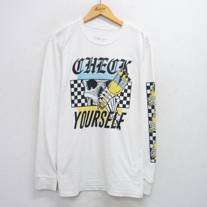 XL★古着 長袖 Tシャツ メンズ スケルトン 大きいサイズ クルーネック 白 ホワイト 25jul14 中古