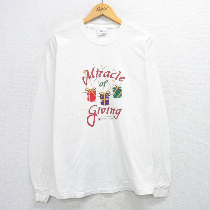 XL★古着 ヘインズ Hanes 長袖 ビンテージ Tシャツ メンズ 00年代 00s Miracle 大きいサイズ コットン クルーネック 白 ホワイト 25jul14 中古