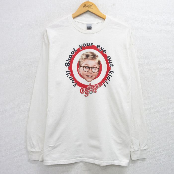 XL★古着 長袖 Tシャツ メンズ 映画 クリスマスストーリー 大きいサイズ コットン クルーネック 白 ホワイト 25jul14 中古