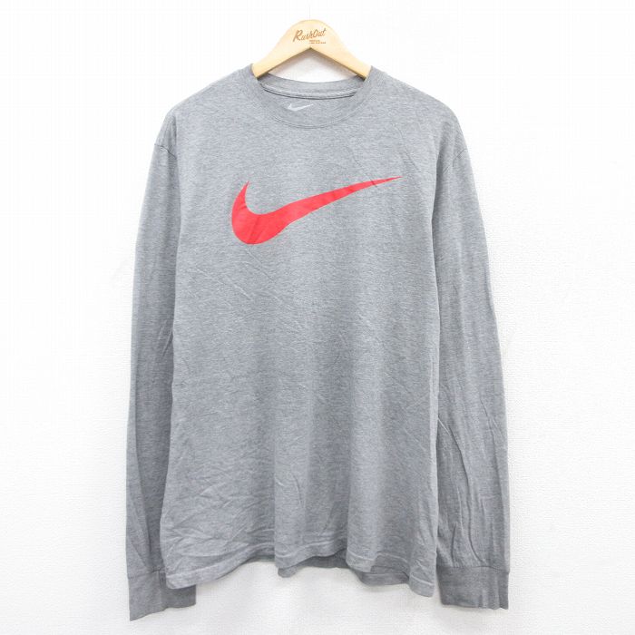 XL★古着 ナイキ NIKE 長袖 Tシャツ メンズ ビッグロゴ クルーネック グレー 霜降り 25jul14 中古