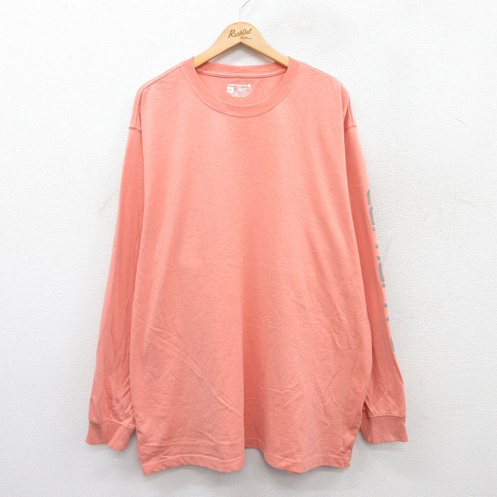 【50%OFF】XL★古着 カーハート Carhartt 長袖 Tシャツ メンズ ビッグロゴ 大きいサイズ ロング丈 クルーネック ピンク系 25jul14 中古