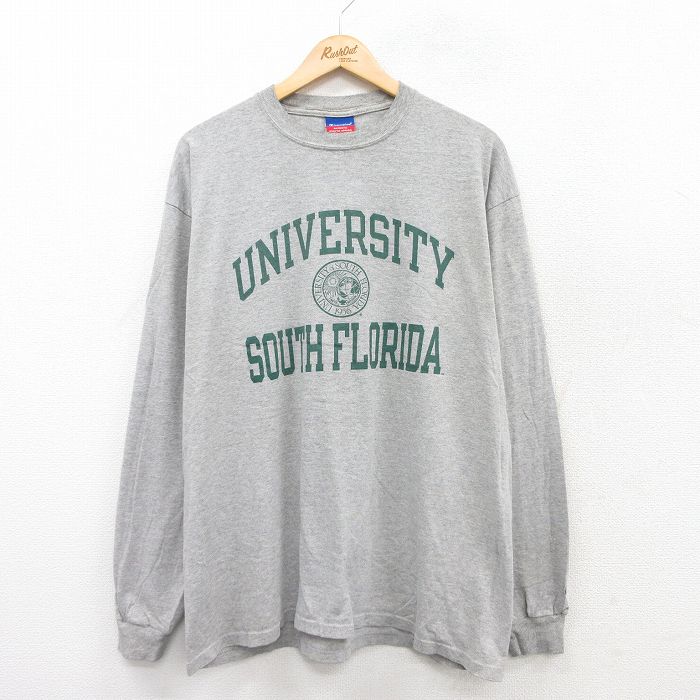 XL★古着 チャンピオン champion 長袖 ビンテージ Tシャツ メンズ 00年代 00s 大学 サウスフロリダ 大きいサイズ クルーネック グレー 霜降り 25jul15 中古
