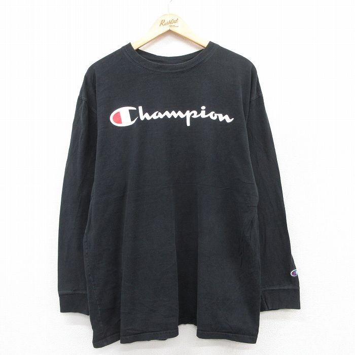 XL★古着 チャンピオン champion 長袖 Tシャツ メンズ ビッグロゴ 大きいサイズ クルーネック 黒 ブラック 25jul15 中古