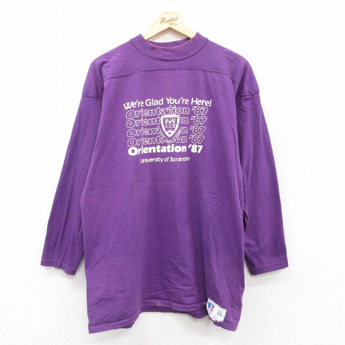 XL★古着 ラッセル 長袖 ビンテージ フットボール Tシャツ メンズ 80年代 80s オリエンテーション 大学 スクラントン コットン クルーネック USA製 紫 パープル 【spe】 25jul15 中古