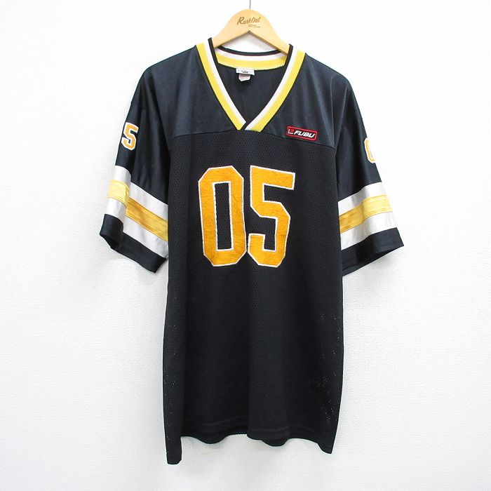 【20%OFF】XL★古着 フブ FUBU 半袖 ビンテージ フットボール Tシャツ メンズ 90年代 90s 05 大きいサイズ ロング丈 Vネック USA製 黒他 ブラック ユニフォーム ゲームシャツ 25jul16 中古