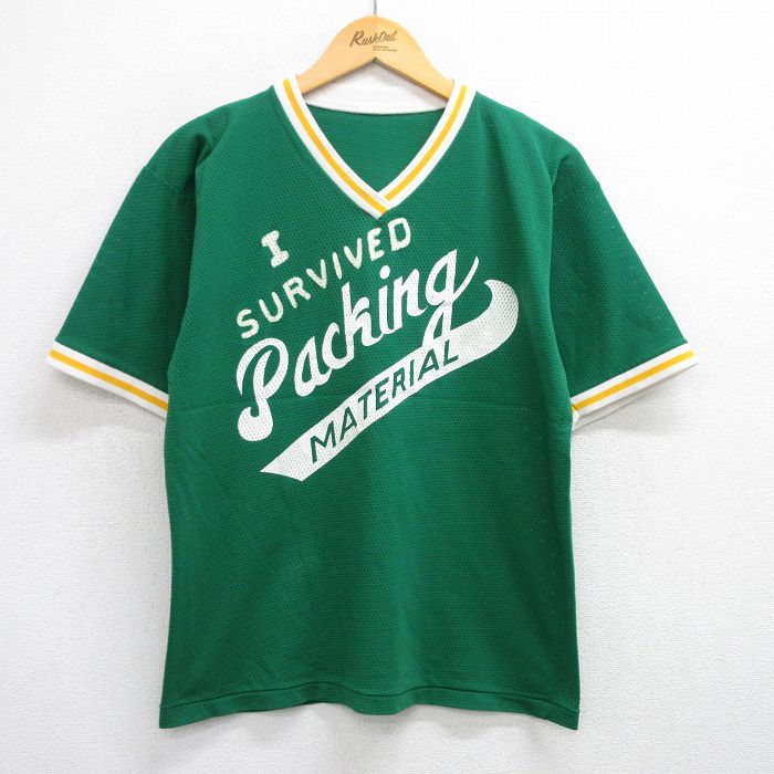 【50%OFF】L★古着 半袖 ビンテージ Tシャツ メンズ 80年代 80s Packing MATERIAL メッシュ地 Vネック 緑他 グリーン ユニフォーム ゲームシャツ 25jul16 中古