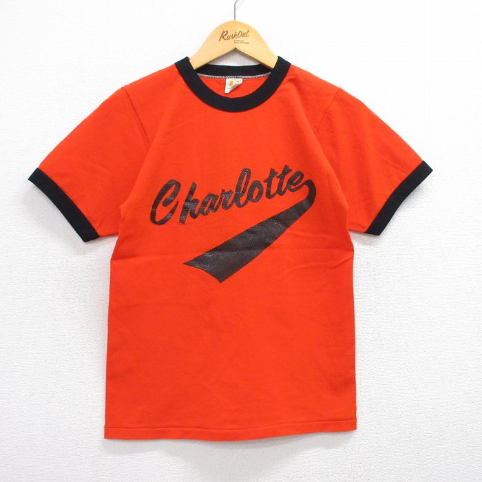 S★古着 ラッセル 半袖 ビンテージ Tシャツ メンズ 70年代 70s シャーロット 4 クルーネック USA製 オレンジ他 ユニフォーム ゲームシャツ 25jul16 中古