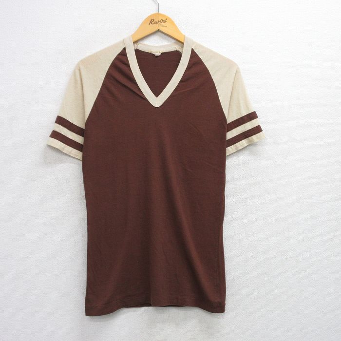 S★古着 半袖 ビンテージ Tシャツ メンズ 80年代 80s 無地 ラグラン Vネック 濃ベージュ他 カーキ 25jul16 中古