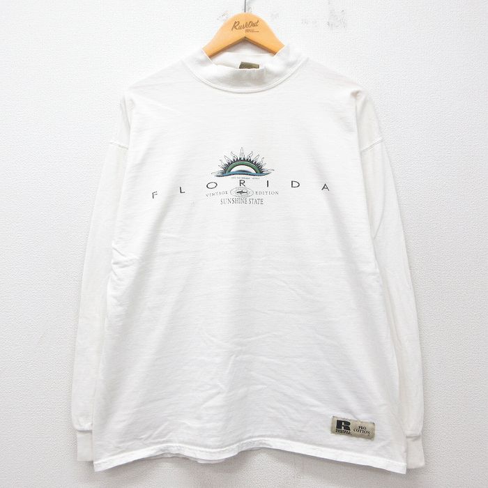 XL★古着 ラッセル 長袖 ビンテージ Tシャツ メンズ 00年代 00s フロリダ 大きいサイズ コットン モックネック ハイネック 白 ホワイト 25jul19 中古