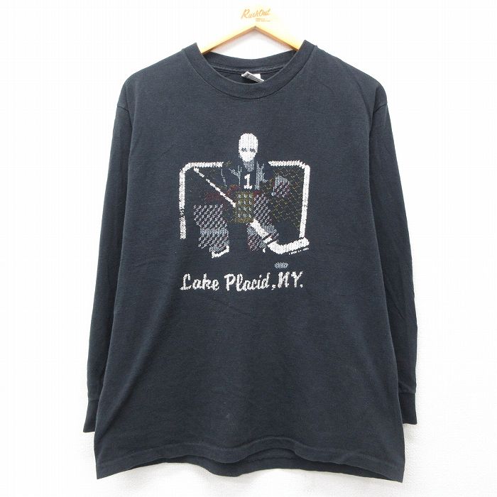L★古着 長袖 ビンテージ Tシャツ メンズ 90年代 90s アイスホッケー コットン クルーネック USA製 黒 ブラック 25jul19 中古