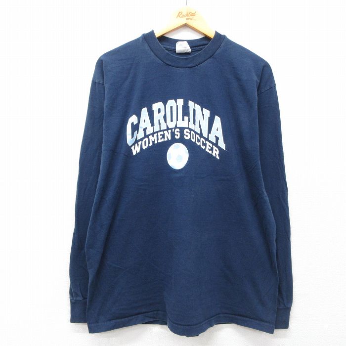 XL★古着 長袖 ビンテージ Tシャツ メンズ 90年代 90s カロライナ コットン クルーネック USA製 紺 ネイビー 25jul19 中古