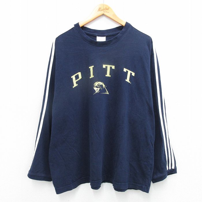 XL★古着 アディダス adidas 長袖 Tシャツ メンズ PITT 大きいサイズ コットン クルーネック 紺 ネイビー 3本ライン 25jul19 中古