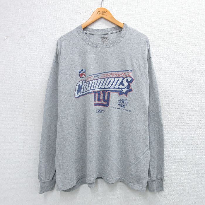 XL★古着 リーボック REEBOK 長袖 ビンテージ Tシャツ メンズ 00年代 00s NFL ニューヨークジャイアンツ 大きいサイズ クルーネック グレー 霜降り アメフト スーパーボウル 25jul19 中古