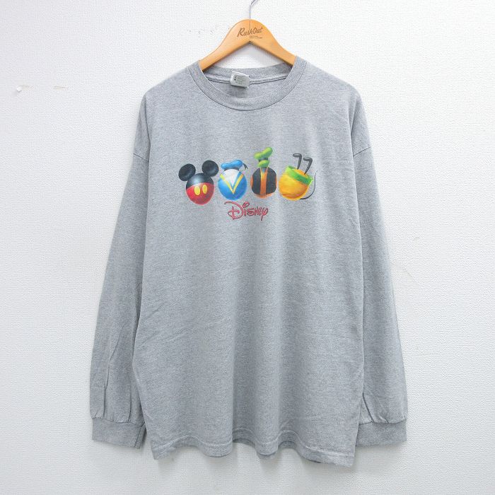 【50%OFF】XL★古着 長袖 Tシャツ メンズ ディズニー DISNEY ミッキー MICKEY MOUSE ドナルド 大きいサイズ クルーネック グレー 霜降り 25jul19 中古