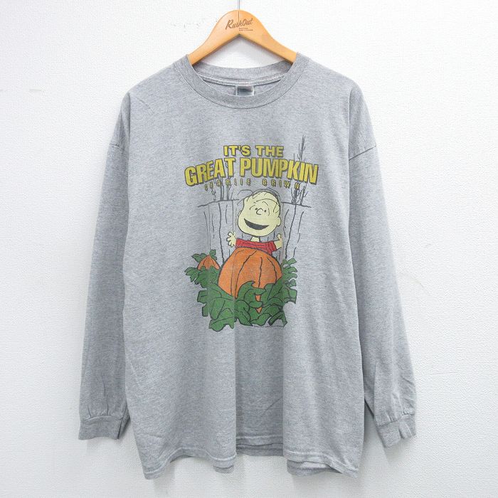 XL★古着 長袖 ビンテージ Tシャツ メンズ 00年代 00s ピーナッツ チャーリーブラウン 大きいサイズ クルーネック グレー 霜降り 25jul19 中古