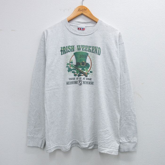 L★古着 長袖 Tシャツ メンズ IRISH POWMIA コットン クルーネック USA製 白 ホワイト 霜降り 25jul19 中古