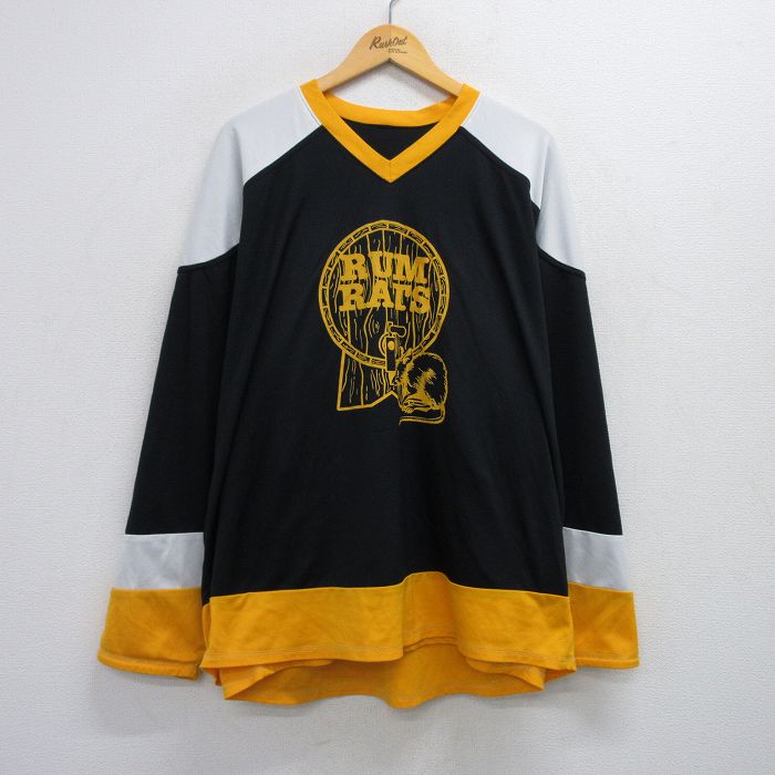 XL★古着 長袖 ビンテージ Tシャツ アイスホッケー ジャージ メンズ 00年代 00s RAM RATS リバーシブル 大きいサイズ Vネック 黒他 ブラック ユニフォーム ゲームシャツ 25jul19 中古