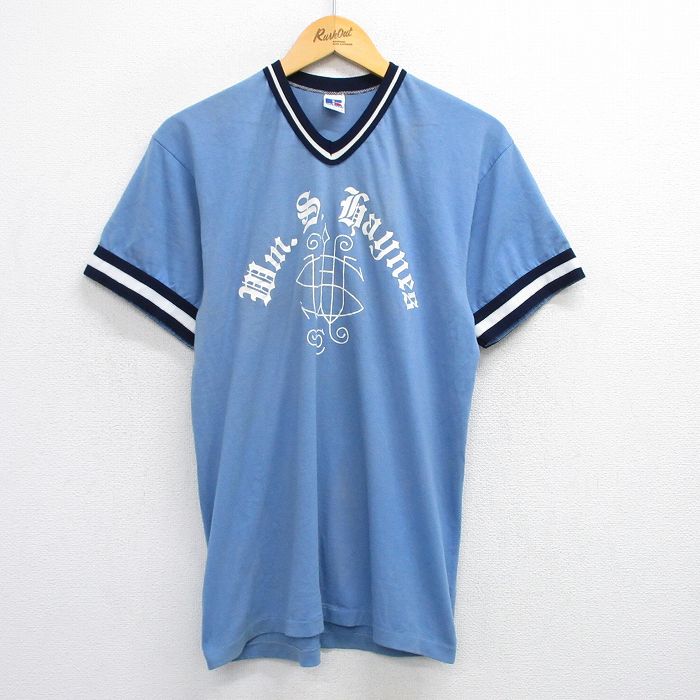 M★古着 ラッセル 半袖 ビンテージ Tシャツ メンズ 80年代 80s Wm.S.Haynes Vネック 薄紺 ネイビー 25jul19 中古
