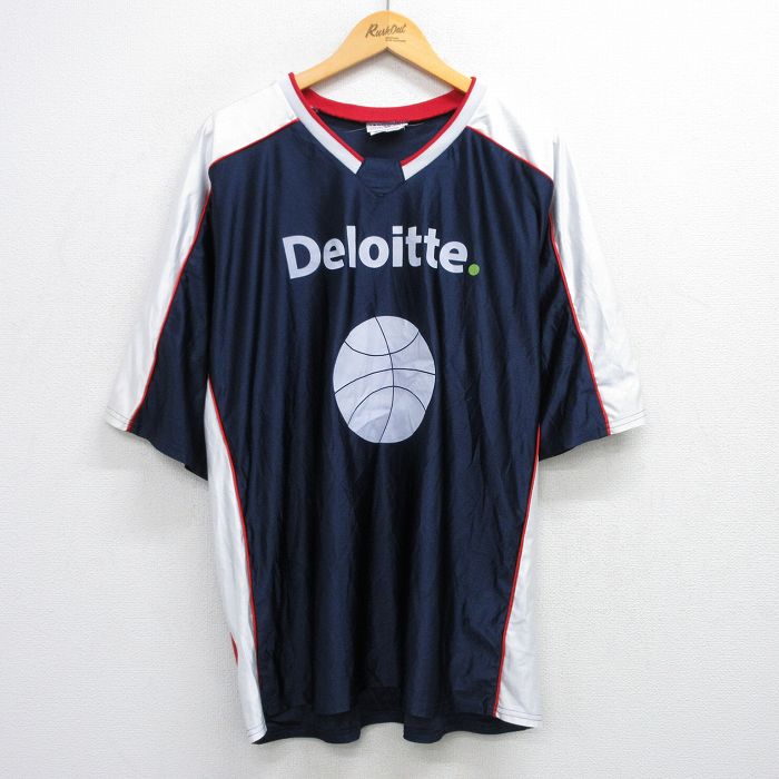 XL★古着 半袖 ビンテージ Tシャツ メンズ 90年代 90s Deloitte バスケットボール 大きいサイズ Vネック USA製 紺他 ネイビー 25jul19 中古
