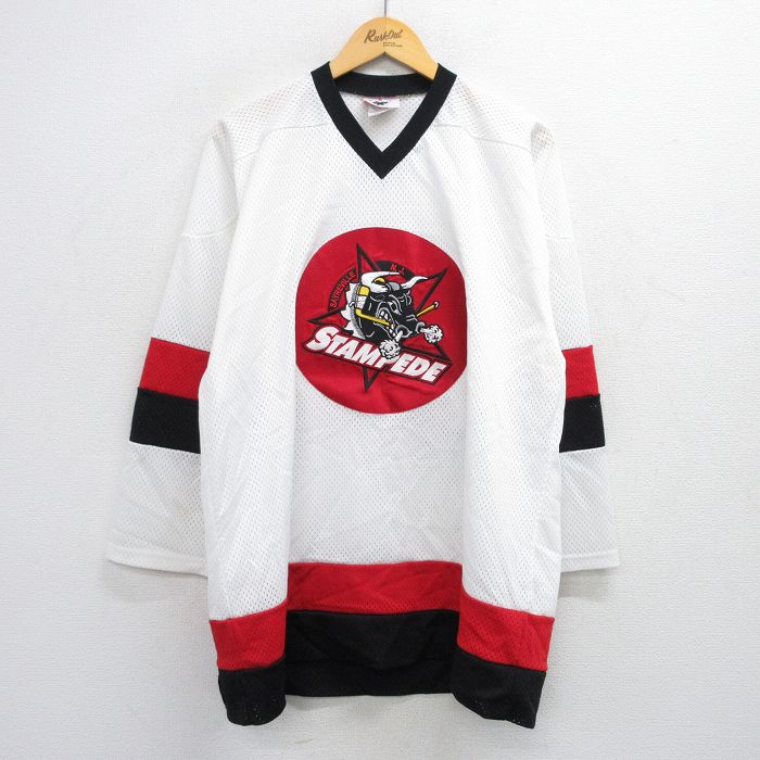 XL★古着 長袖 ビンテージ Tシャツ アイスホッケー ジャージ メンズ 90年代 90s STAMPEDE メッシュ地 大きいサイズ ロング丈 Vネック USA製 白他 ホワイト ユニフォーム ゲームシャツ 25jul19 中古