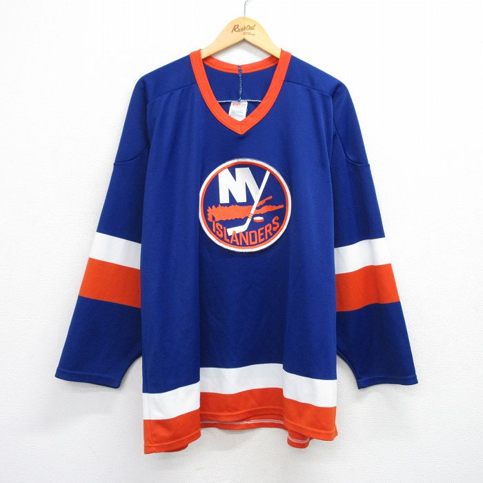 XL★古着 長袖 ビンテージ Tシャツ アイスホッケー ジャージ メンズ 90年代 90s ニューヨークアイランダース 大きいサイズ Vネック USA製 青他 ブルー 25jul19 中古