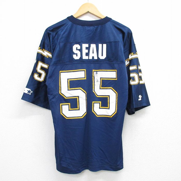 L★古着 スターター STARTER 半袖 フットボール Tシャツ メンズ 90年代 90s NFL ロサンゼルスチャージャーズ メッシュ地 Vネック 紺 ネイビー ユニフォーム ゲームシャツ アメフト スーパーボウル 25jul19 中古