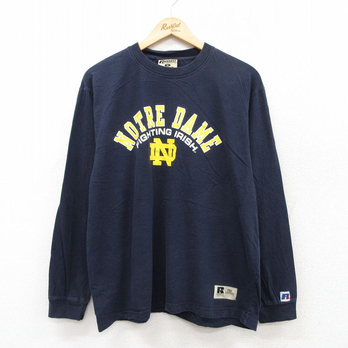 XL★古着 ラッセル 長袖 ビンテージ Tシャツ メンズ 00年代 00s ノートルダム コットン クルーネック 紺 ネイビー 25jul22 中古