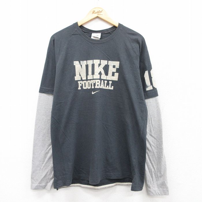 L★古着 ナイキ NIKE 長袖 ビンテージ Tシャツ メンズ 00年代 00s ビッグロゴ フロッキープリント ラグラン クルーネック 濃グレー他 25jul22 中古