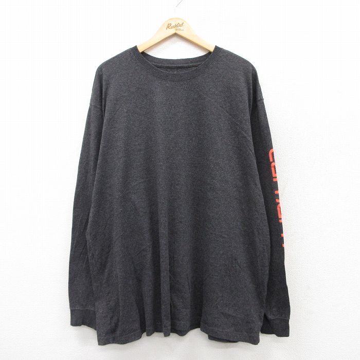 【50%OFF】XL★古着 カーハート Carhartt 長袖 Tシャツ メンズ ビッグロゴ 大きいサイズ ロング丈 クルーネック 濃グレー 霜降り 25jul22 中古