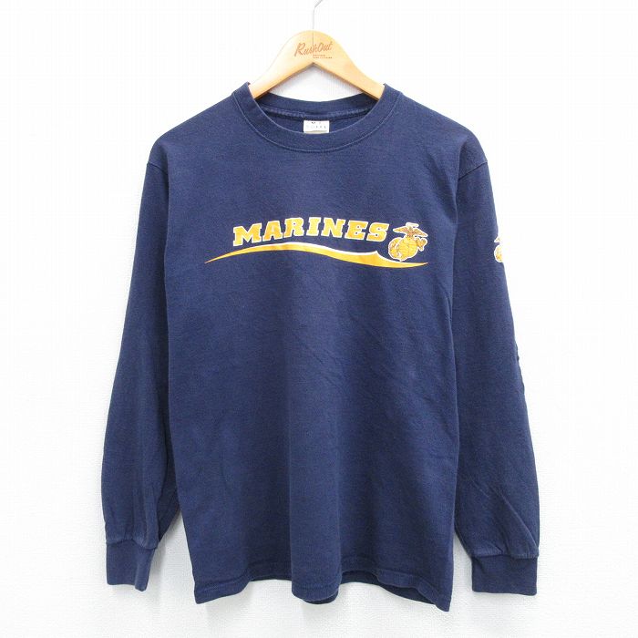 M★古着 長袖 ビンテージ Tシャツ メンズ 90年代 90s ミリタリー MARINES コットン クルーネック USA製 紺 ネイビー 25jul22 中古
