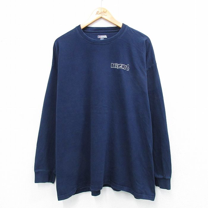 XL★古着 ラッセル 長袖 Tシャツ メンズ BRILYENT 大きいサイズ コットン クルーネック 紺 ネイビー 25jul22 中古