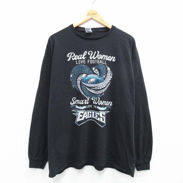 XL★古着 長袖 Tシャツ メンズ NFL フィラデルフィアイーグルス コットン クルーネック 黒 ブラック アメフト スーパーボウル 25jul22 中古