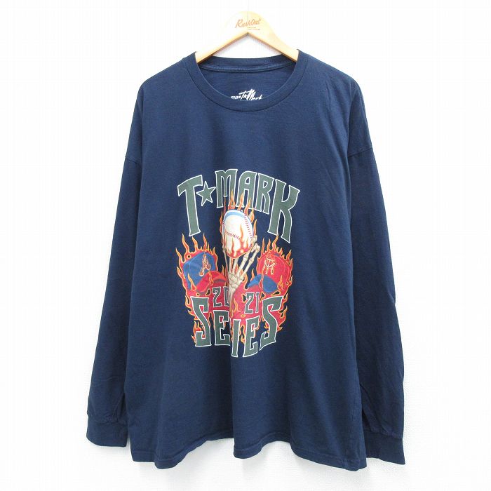 XL★古着 長袖 Tシャツ メンズ T MARK 野球 大きいサイズ クルーネック 紺 ネイビー 25jul22 中古