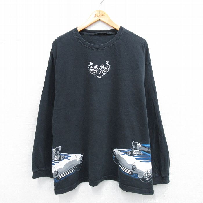 【50%OFF】XL★古着 長袖 Tシャツ メンズ ホットロッド HOT ROD 大きいサイズ クルーネック 黒 ブラック 25jul22 中古