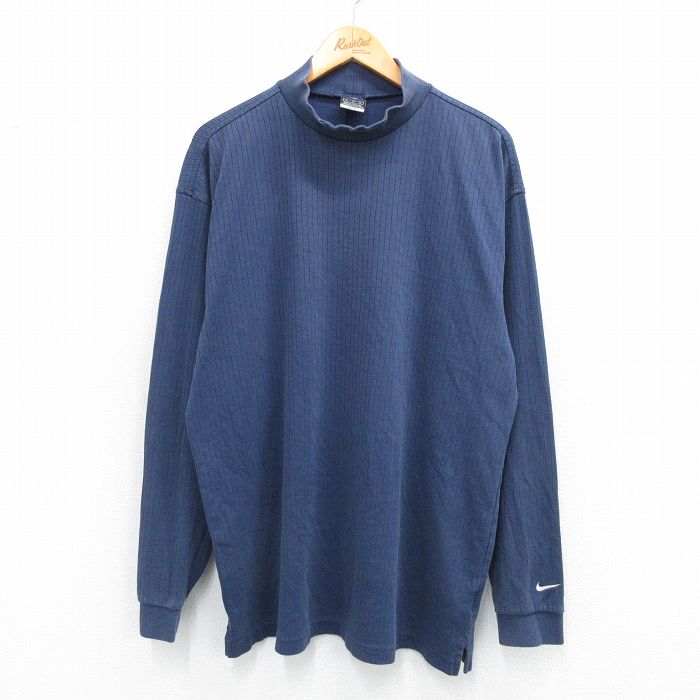 XL★古着 ナイキ NIKE ゴルフ 長袖 Tシャツ メンズ 無地 モックネック ハイネック 紺 ネイビー 25jul22 中古