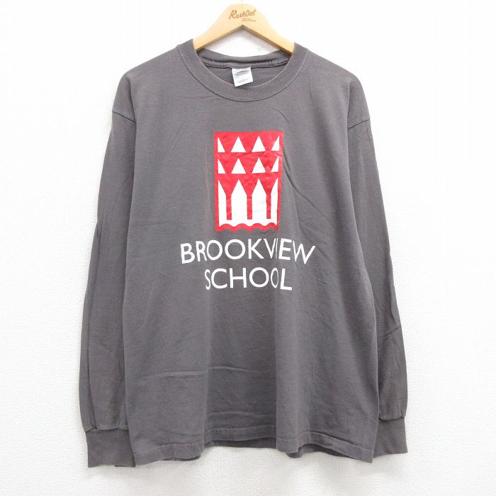 L★古着 長袖 ビンテージ Tシャツ メンズ 00年代 00s BROOKVIEW コットン クルーネック 濃グレー 25jul22 中古