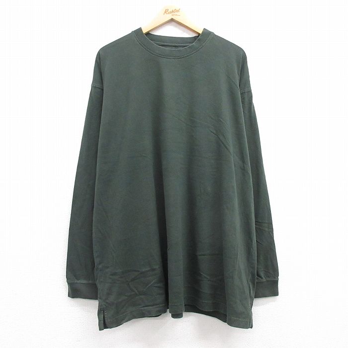 XL★古着 長袖 Tシャツ メンズ 無地 大きいサイズ ロング丈 コットン クルーネック 濃緑 グリーン 25jul22 中古