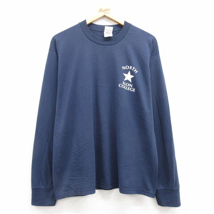 L★古着 フルーツオブザルーム 長袖 ビンテージ Tシャツ メンズ 90年代 90s エロン カレッジ クルーネック USA製 紺 ネイビー 【spe】 25jul22 中古