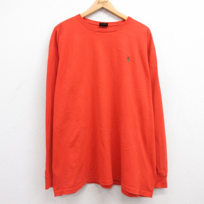 【20%OFF】XL★古着 ラルフローレン Ralph Lauren 長袖 ブランド Tシャツ メンズ 90年代 90s ワンポイントロゴ 大きいサイズ コットン クルーネック オレンジ 25jul22 中古