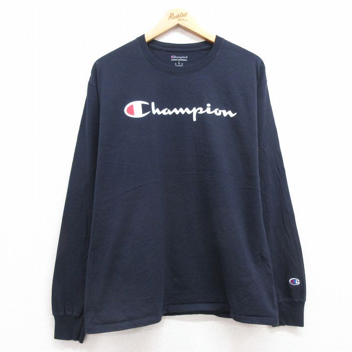【50%OFF】L★古着 チャンピオン champion 長袖 Tシャツ メンズ ビッグロゴ コットン クルーネック 濃紺 ネイビー 25jul22 中古