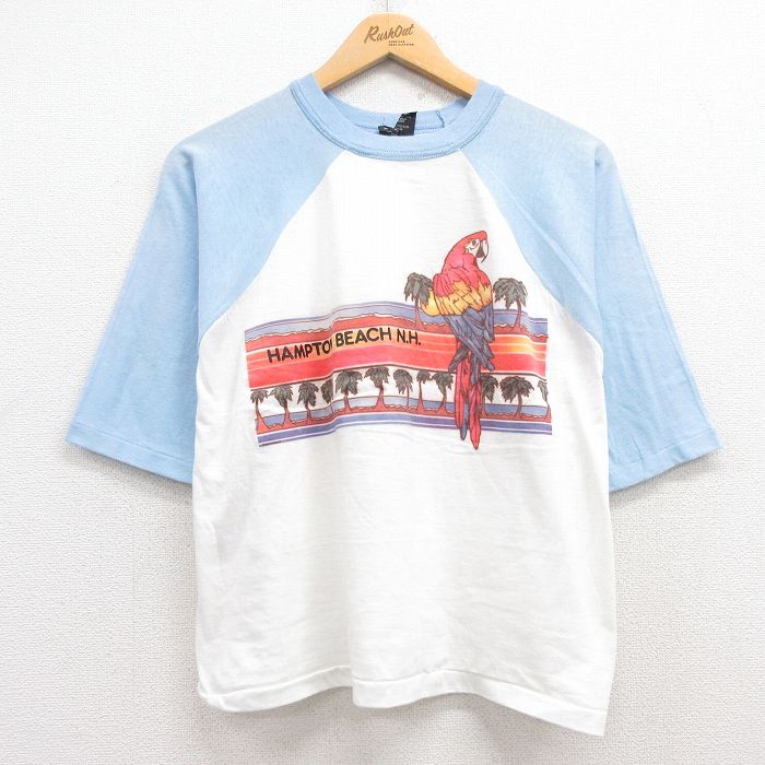L★古着 7分袖 ビンテージ Tシャツ メンズ 80年代 80s ハンプトンビーチ インコ ツートンカラー ラグラン クルーネック USA製 白 ホワイト 25jul22 中古 7分丈 七分丈 七分袖