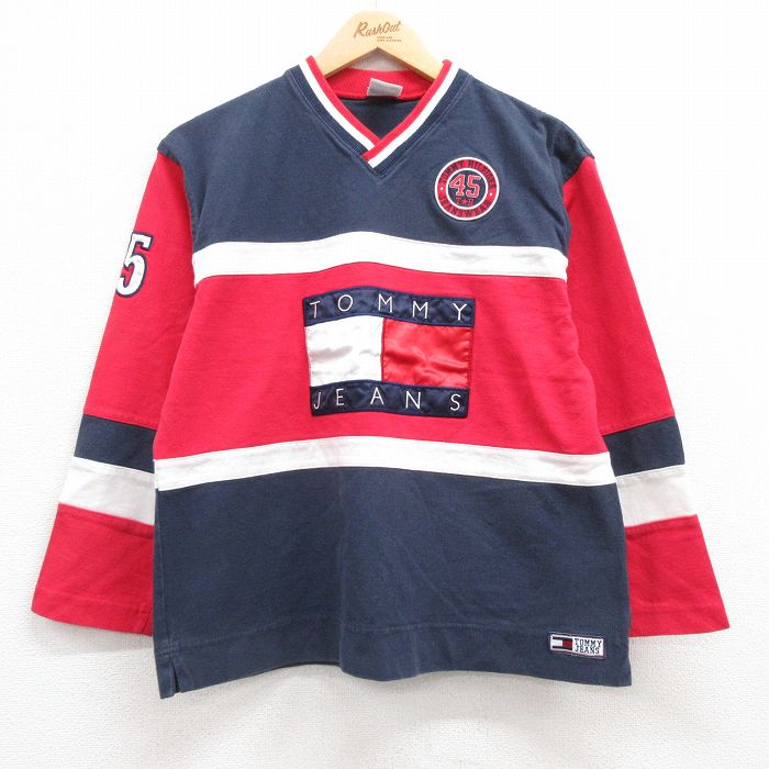 L★古着 トミーヒルフィガー TOMMY HILFIGER 長袖 ブランド Tシャツ メンズ 90年代 90s ビッグロゴ コットン Vネック 濃紺他 ネイビー 25jul22 中古