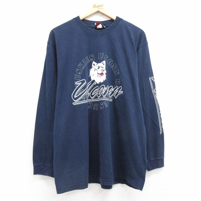 【50%OFF】XL★古着 長袖 ビンテージ Tシャツ メンズ 00年代 00s UCONN ハスキーズ コットン クルーネック 濃紺 ネイビー 25jul22 中古